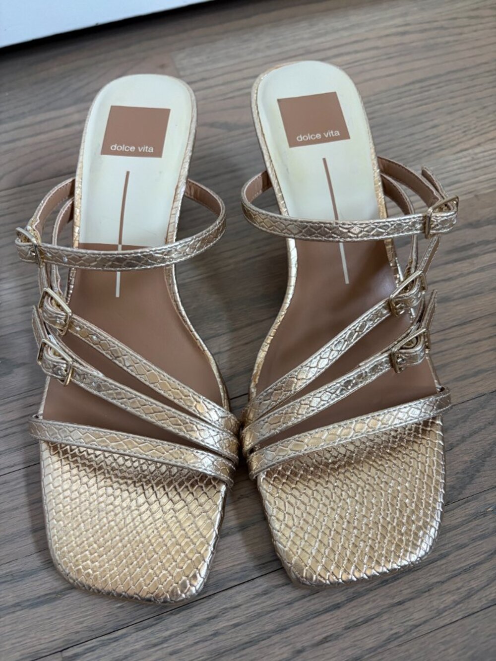 Dolce Vita Tahira Gold Snake Embossed Sandals - Size 8